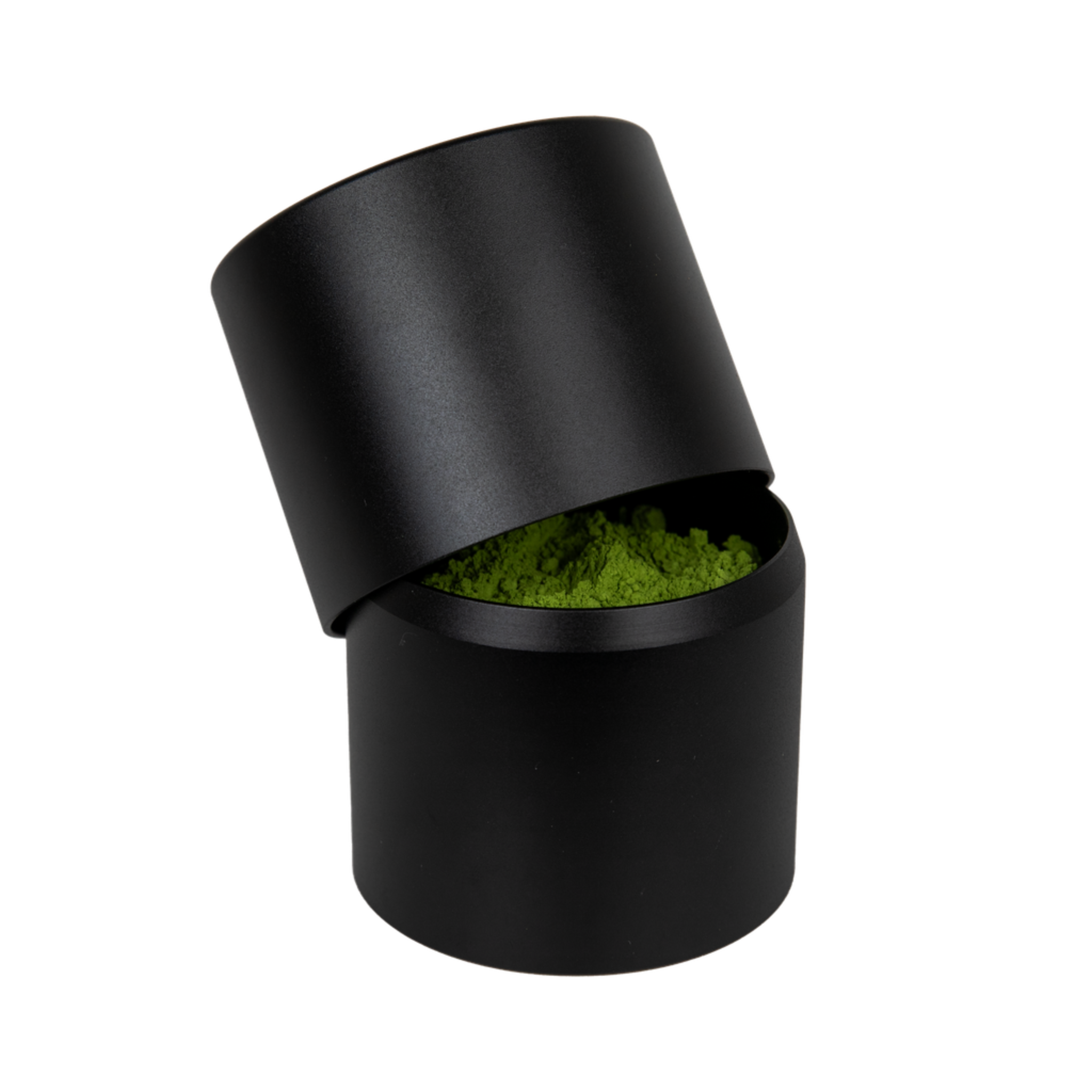 Organic ceremonial matcha in premium aluminium alloy capsule with transparent background by Idyll