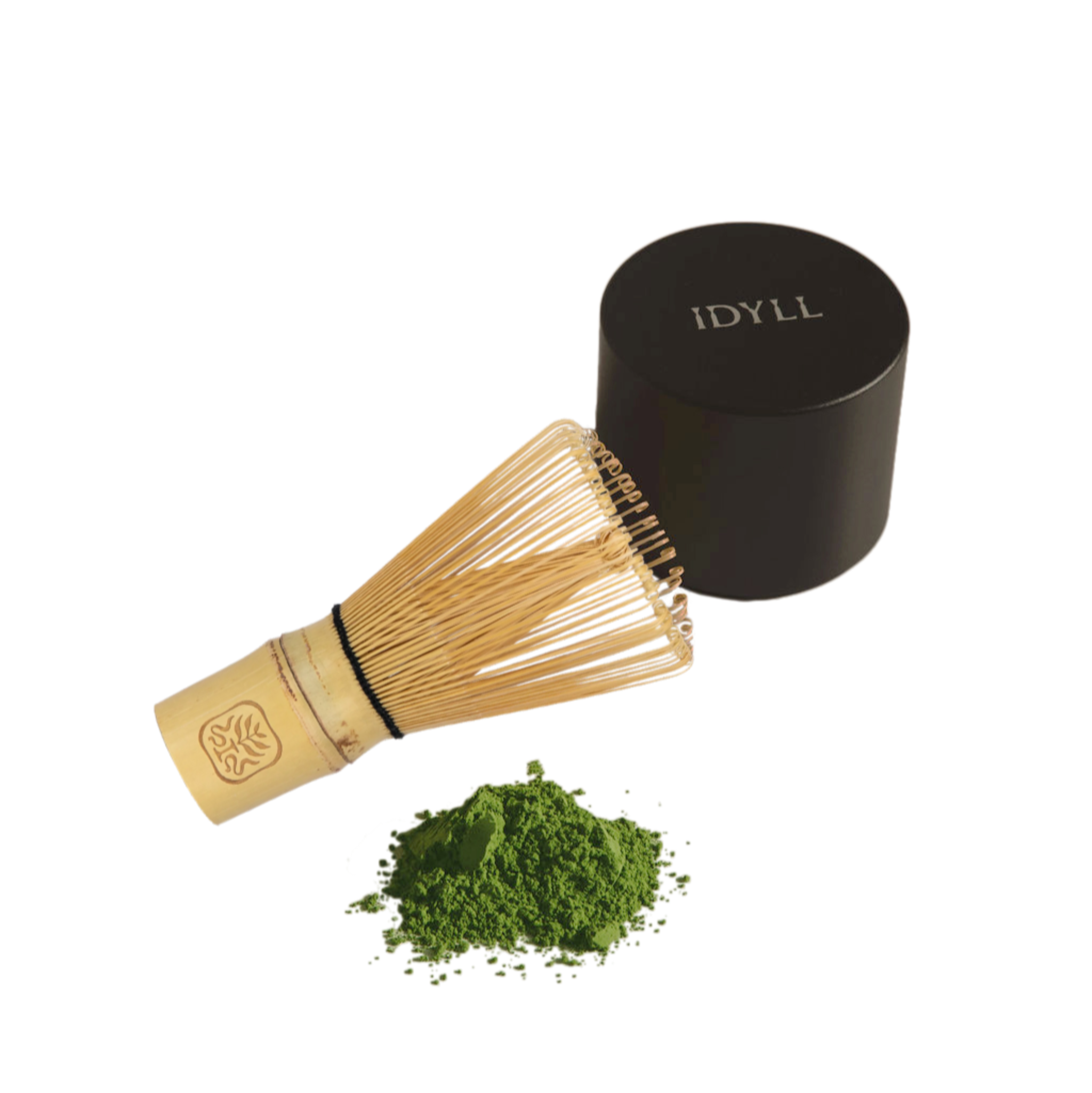 Organic ceremonial matcha gift set with aluminium alloy capsule and Japanese matcha chasen whisk by Idyll