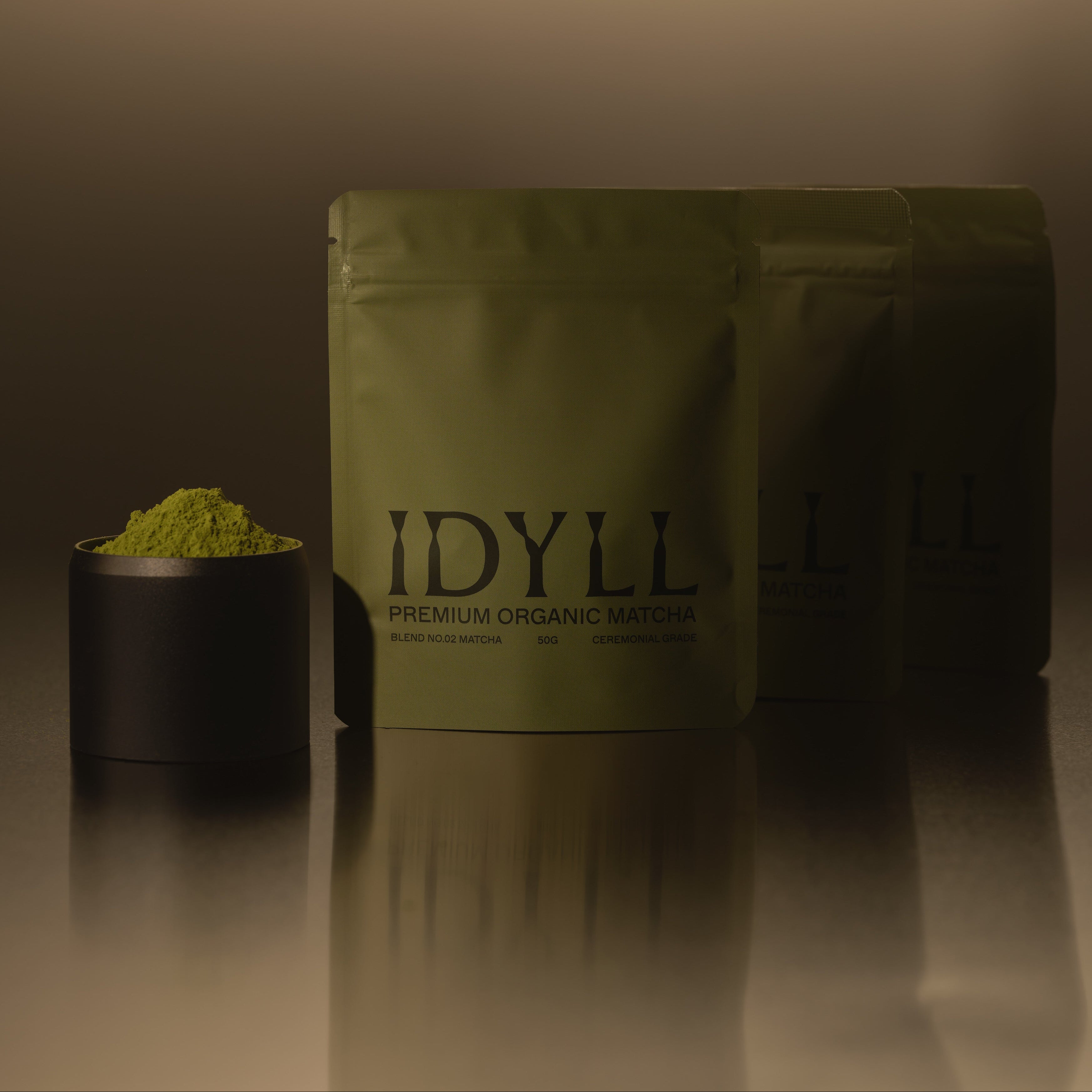 Organic ceremonial matcha in pouches and premium aluminium capsule by Idyll