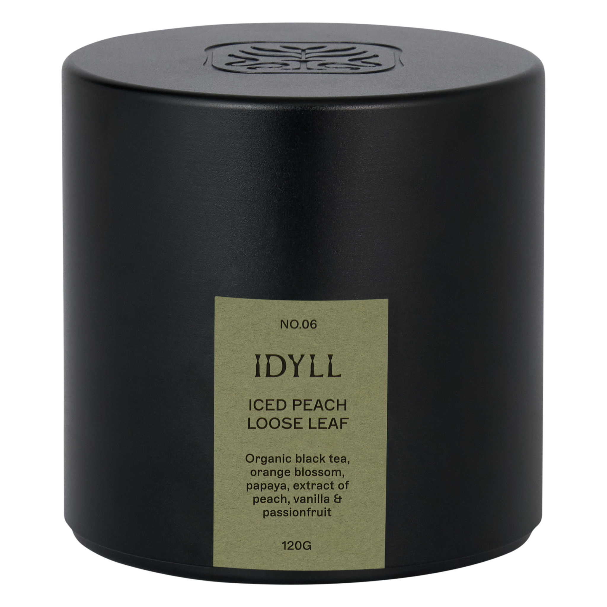 Organic loose leaf peach iced tea in black aluminium capsule by Idyll