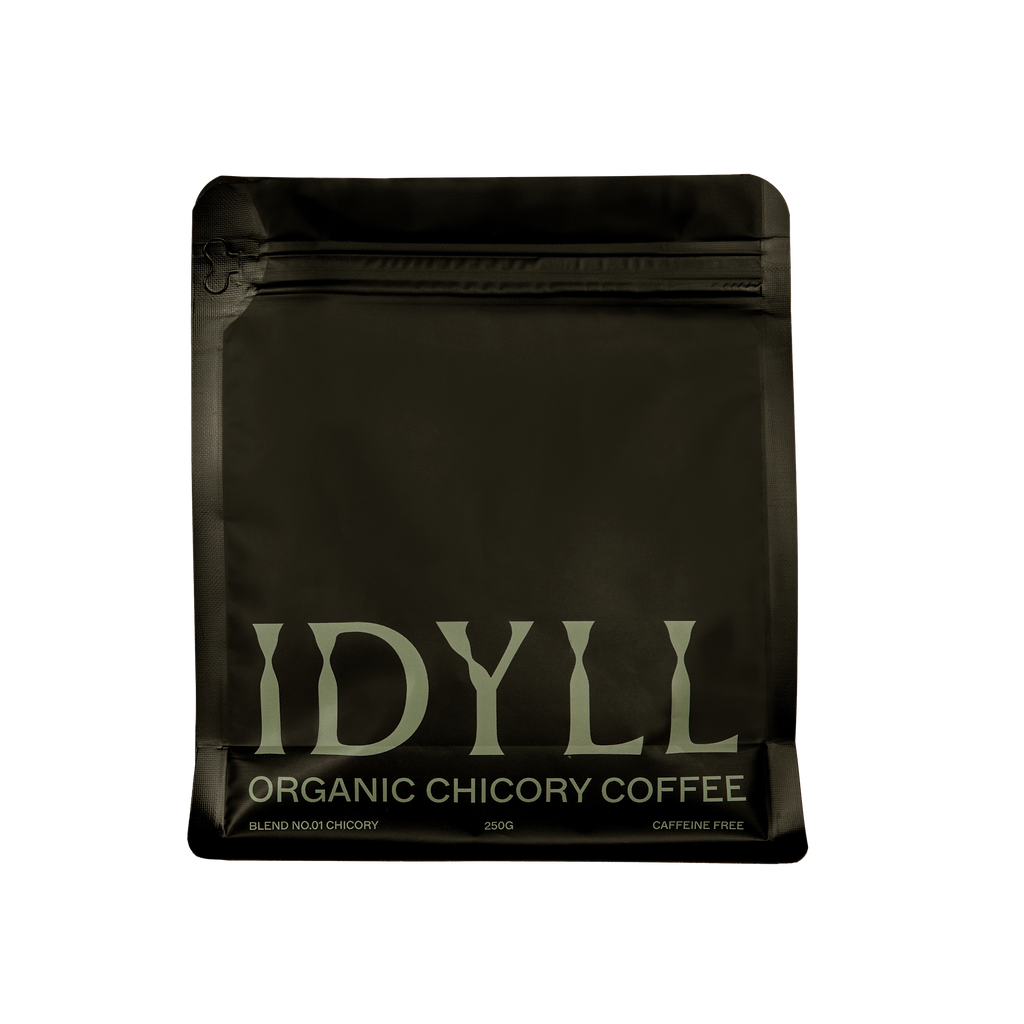 Organic chicory coffee pouch front facing photo by Idyll