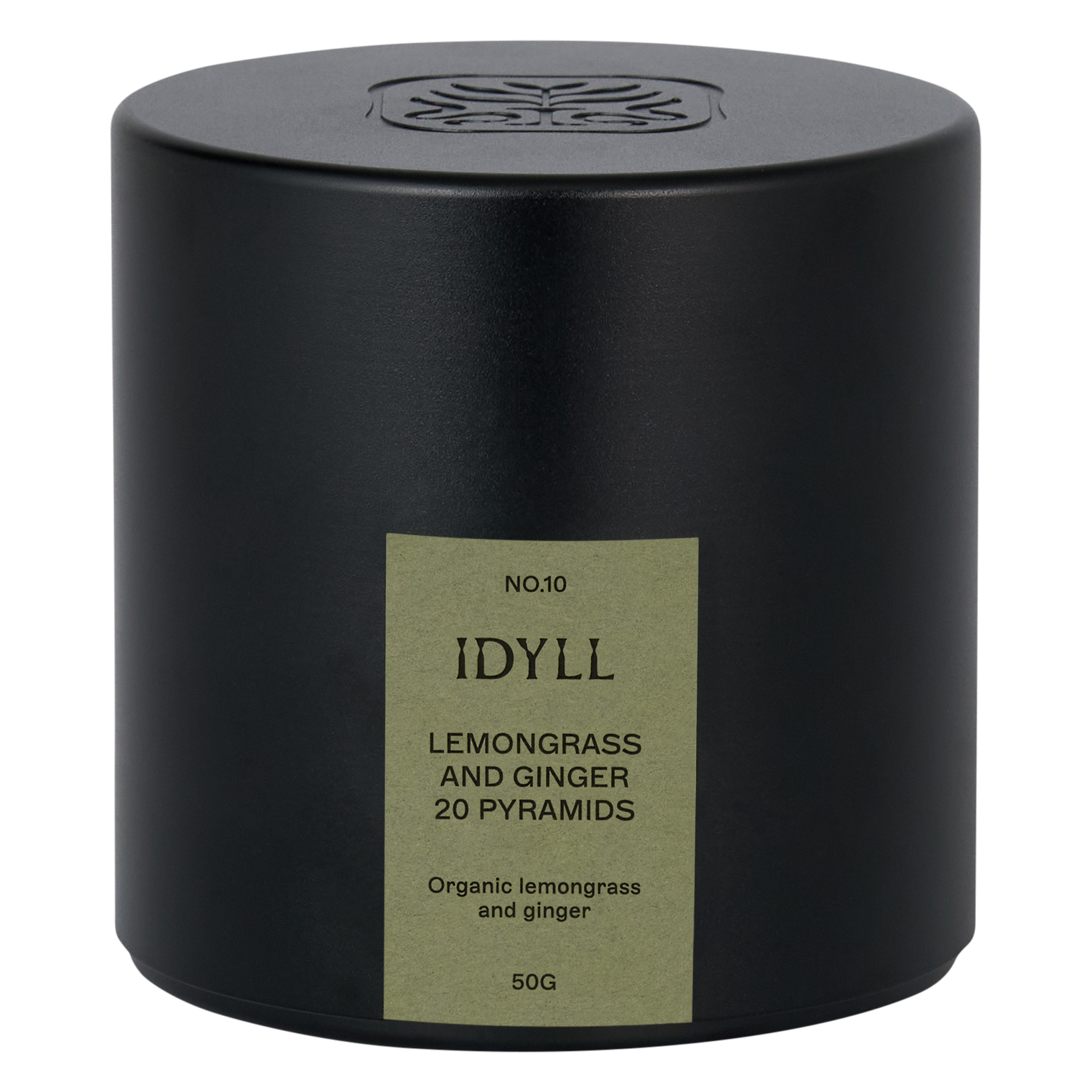 Organic lemongrass and ginger pyramid tea bags in black aluminium capsule by Idyll